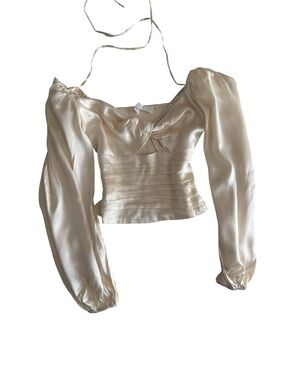 Astr Cream Twist-Front Puff Sleeve Blouse